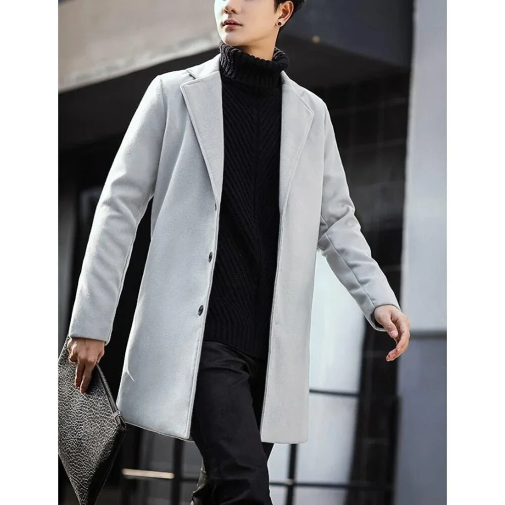 Men's Light Gray Wool Blend Pea Coat Notched Collar Single Breasted Overcoat
